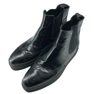 Prada Black Leather Brogue Chelsea Platform Boots Size 38